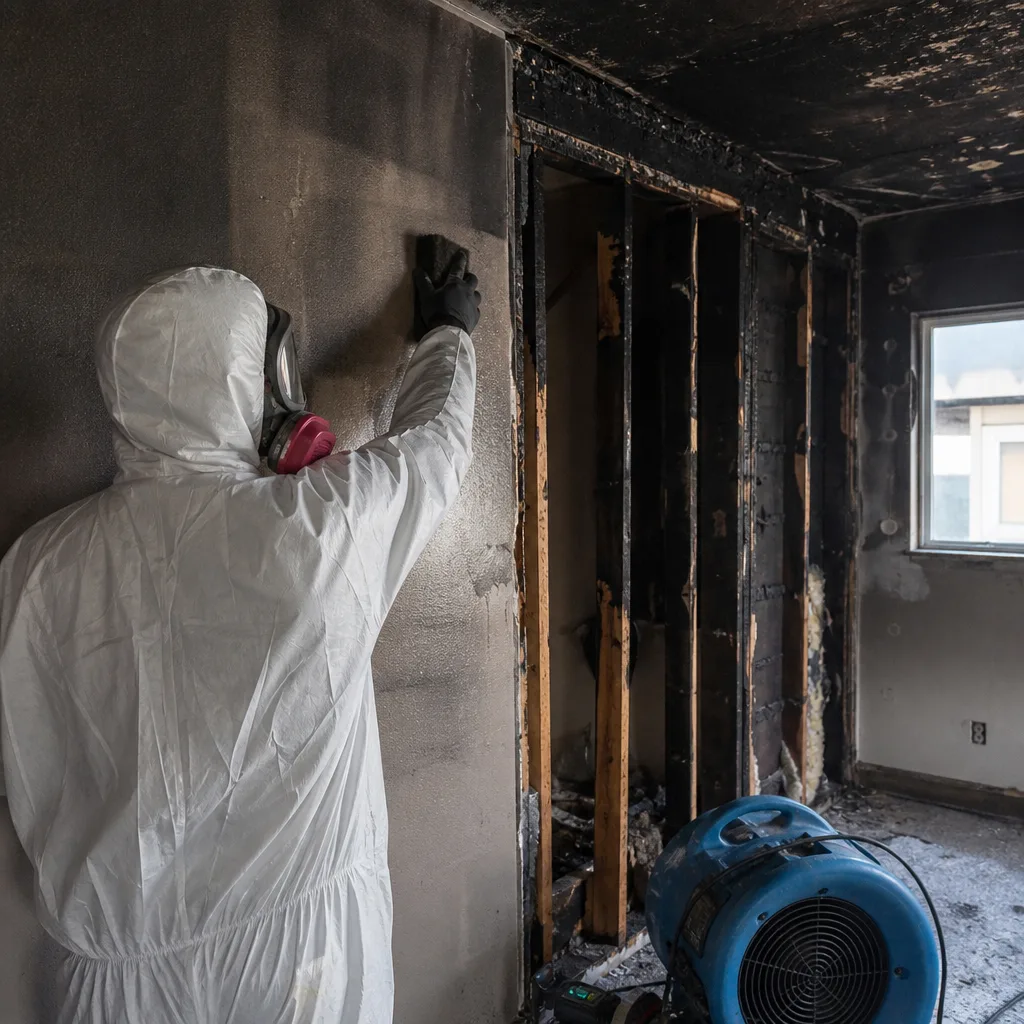 Technician performing fire and smoke damage restoration on a charred wall