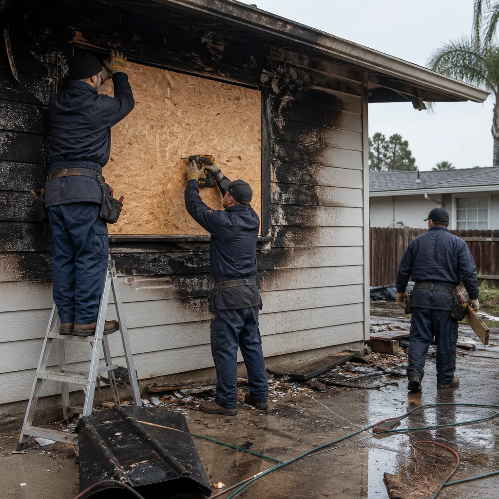Restoration crew boarding up a fire damaged residential window exterior