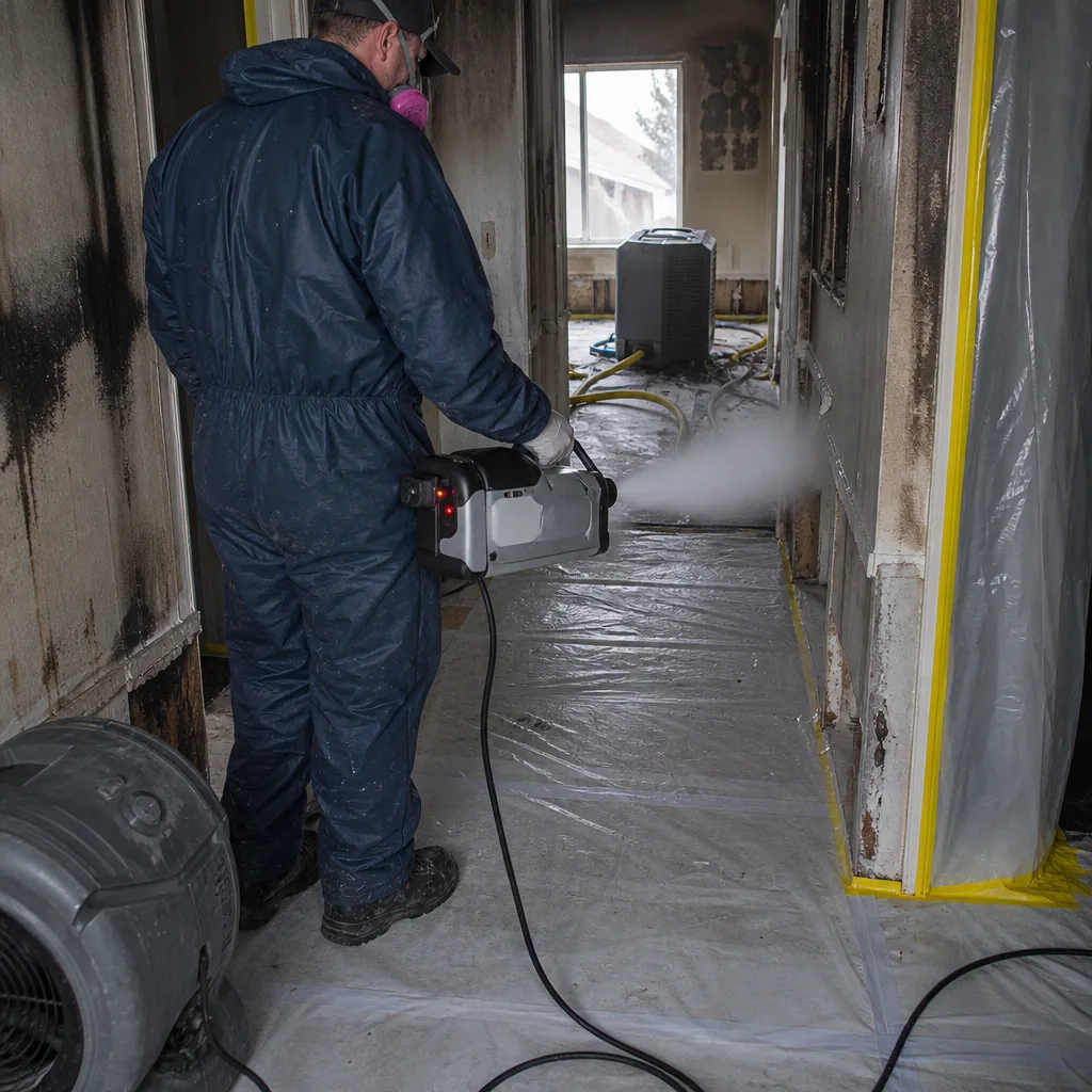 Technician using smoke odor removal equipment during fire damage restoration
