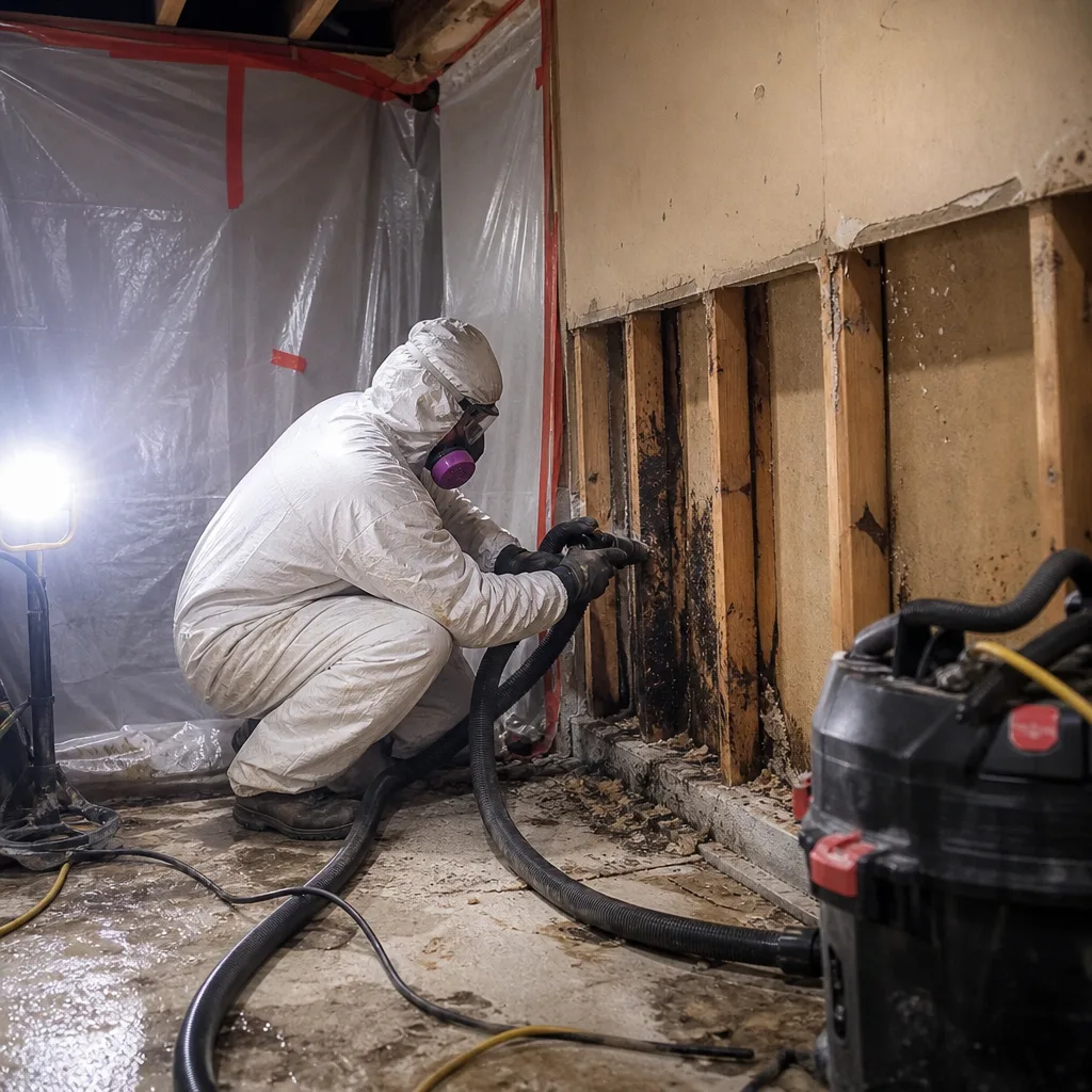 Technician in hazmat suit performing professional mold remediation on wall studs