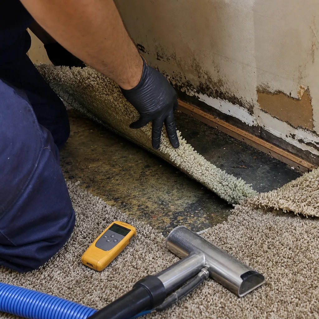 Water damage restoration professional inspecting subfloor moisture under carpet