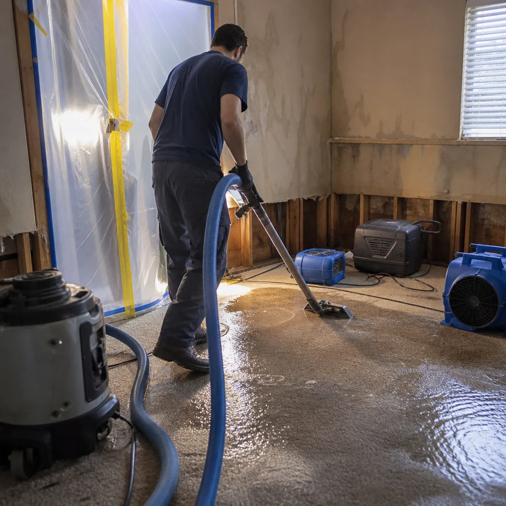 Technician performing professional water damage restoration on a flooded carpet.